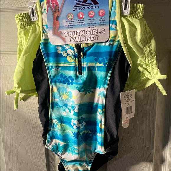 ZeroXposur Kids Floral Swim One Piece - Aqua and Lime - Picture 1 of 5